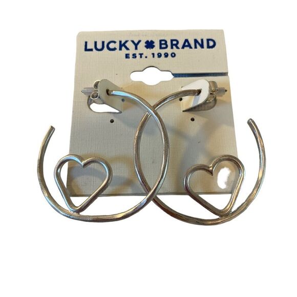 Lucky Brand Heart in Hoop Earrings in Matte Hammered Silver Tone. - Picture 4 of 6
